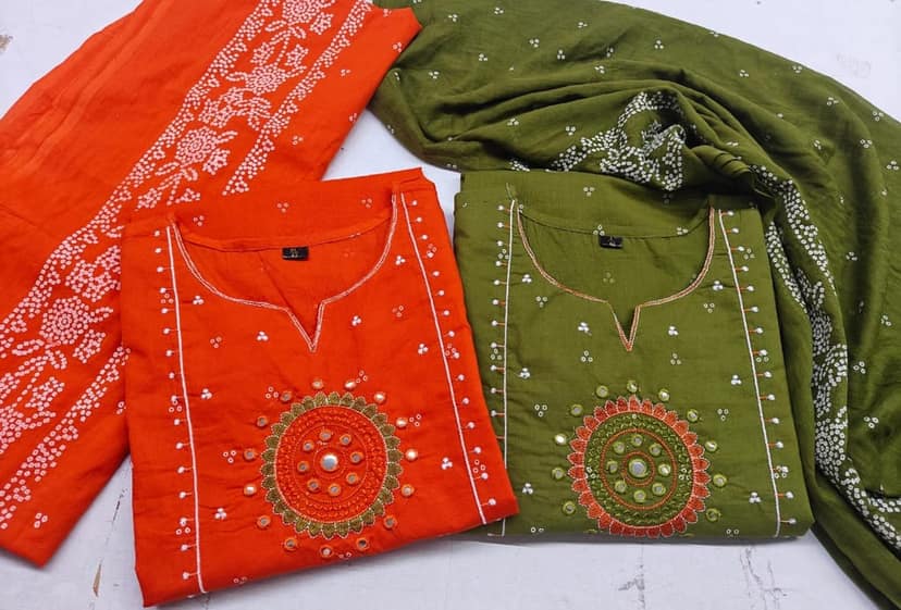 Rust Orange Embroidered Kurta Set with Mirror Work & Dupatta view 3