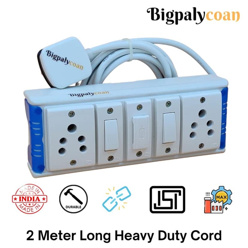 Bigpalycoan 2 Way Electric Multi Outlets Power Strip Spike Guard with Individual Switches Heavy Duty 2 metre Cord (Max. Rating 1200W- 230V) PVC Blue/Green-White view 2
