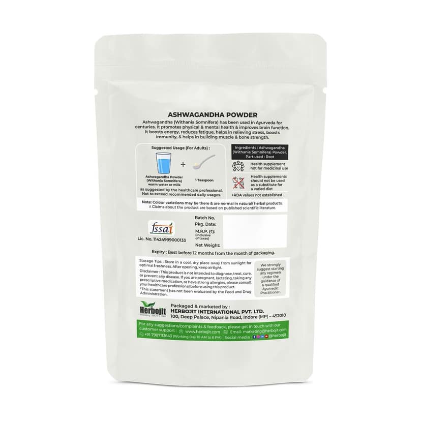 Herbojit Ashwagandha Powder - 100% Natural & Vegan, Gluten-Free, 200g | Pure Ashwagandha Root Powder for Stress Relief, Immunity & Vitality | No Preservatives view 2