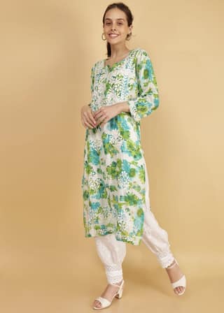 Pure Mulmul Floral Print Green Chikankari Long Straight Kurta