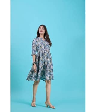 Amarasha Women Crepe Printed Fit & Flare Dress ( Blue )