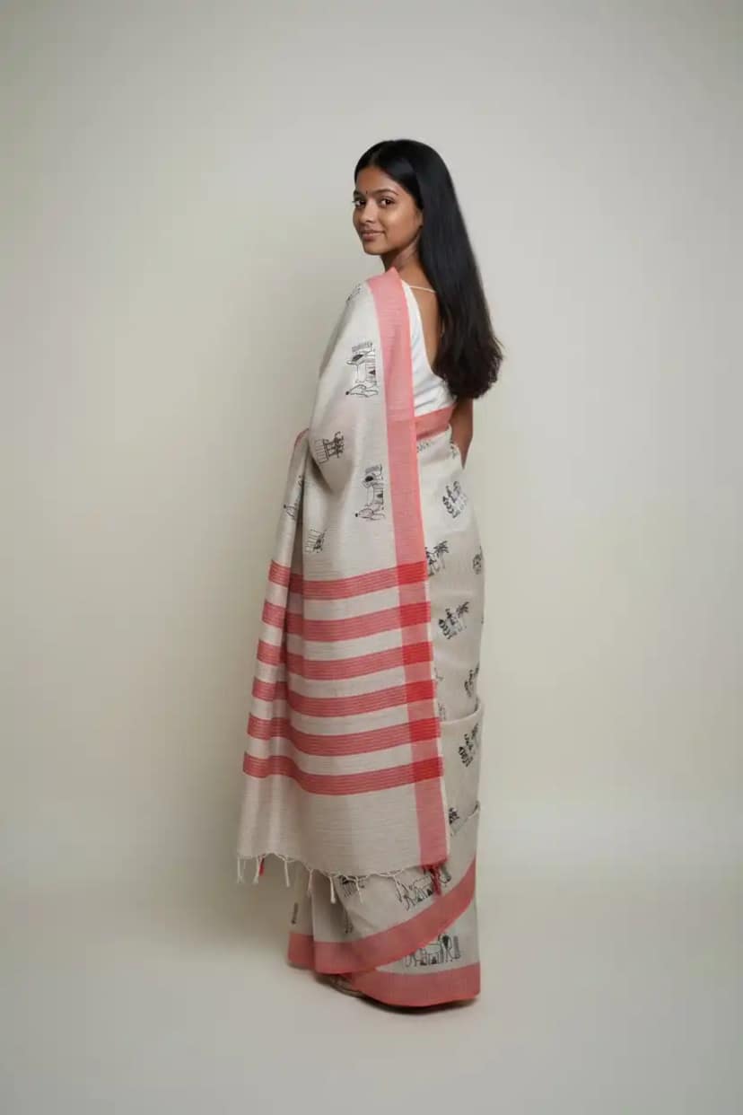 Odisha Handloom Cotton Saree Ivory Coral Temple Border view 2