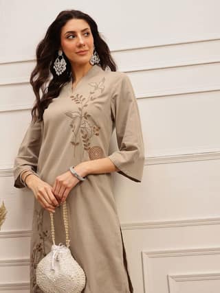 Taupe Embroidered Kurta Set