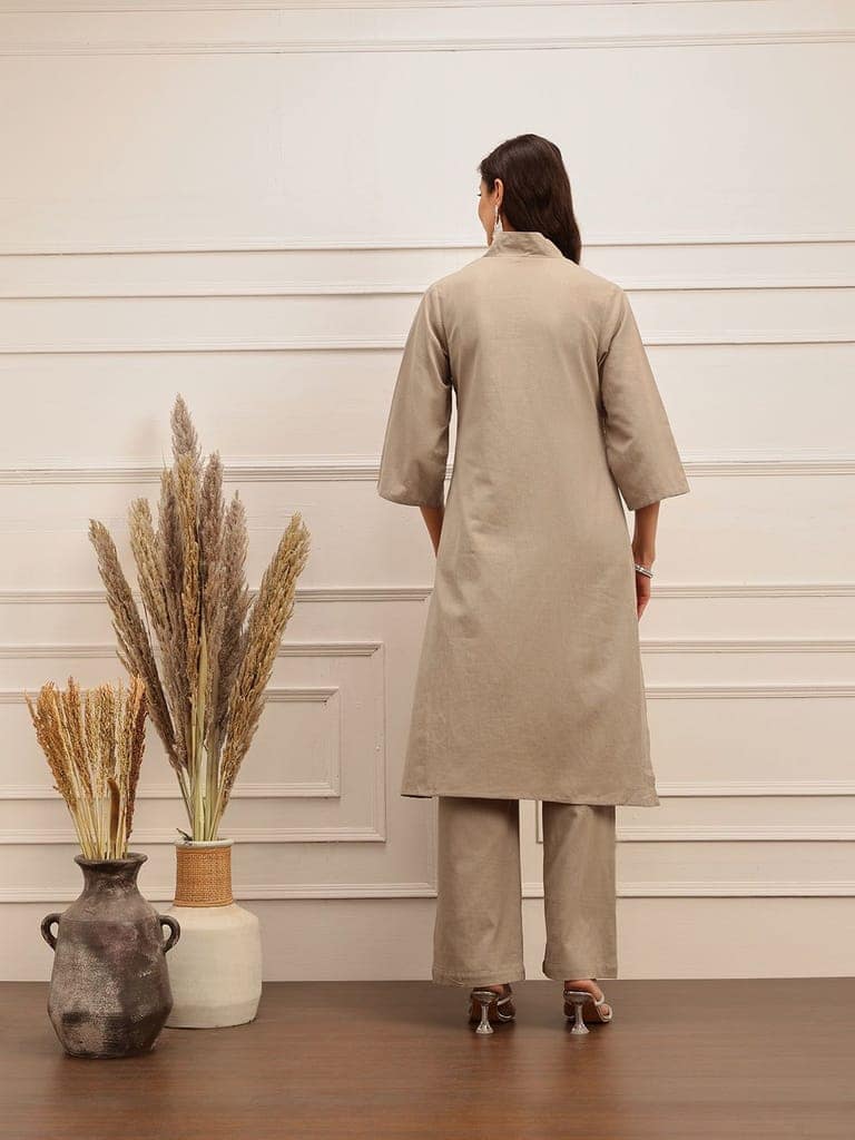 Taupe Embroidered Kurta Set view 5