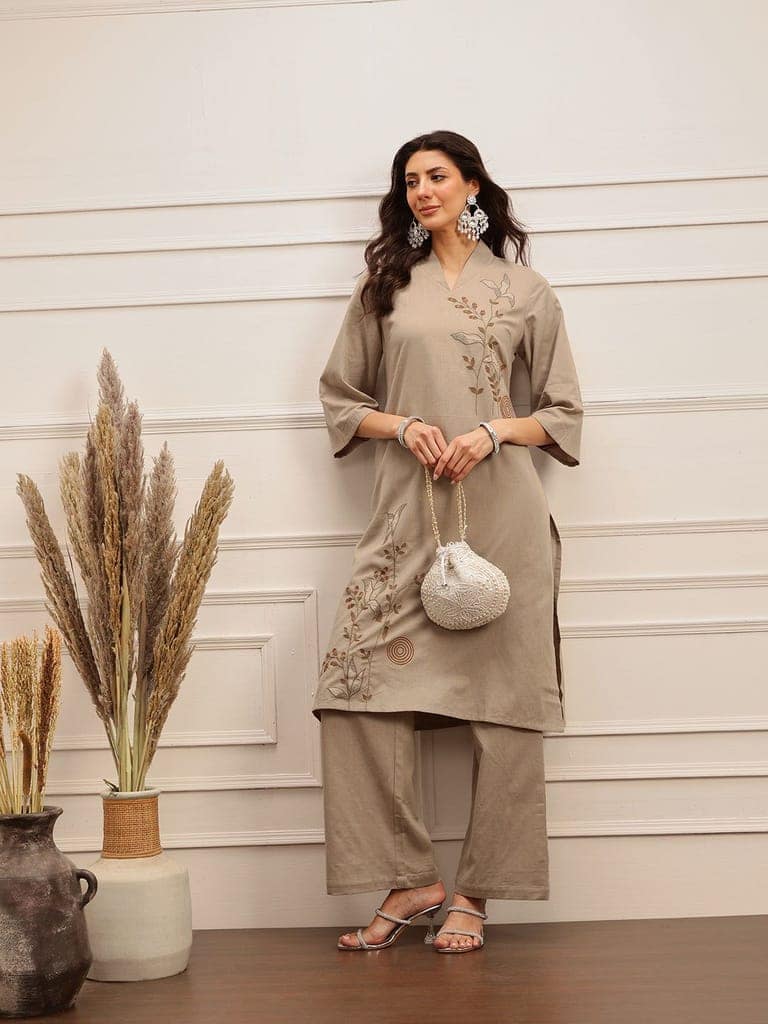 Taupe Embroidered Kurta Set view 6