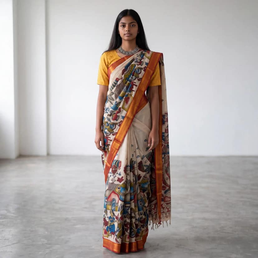 Pedana Kalamkari Print Saree Cream Floral Motifs