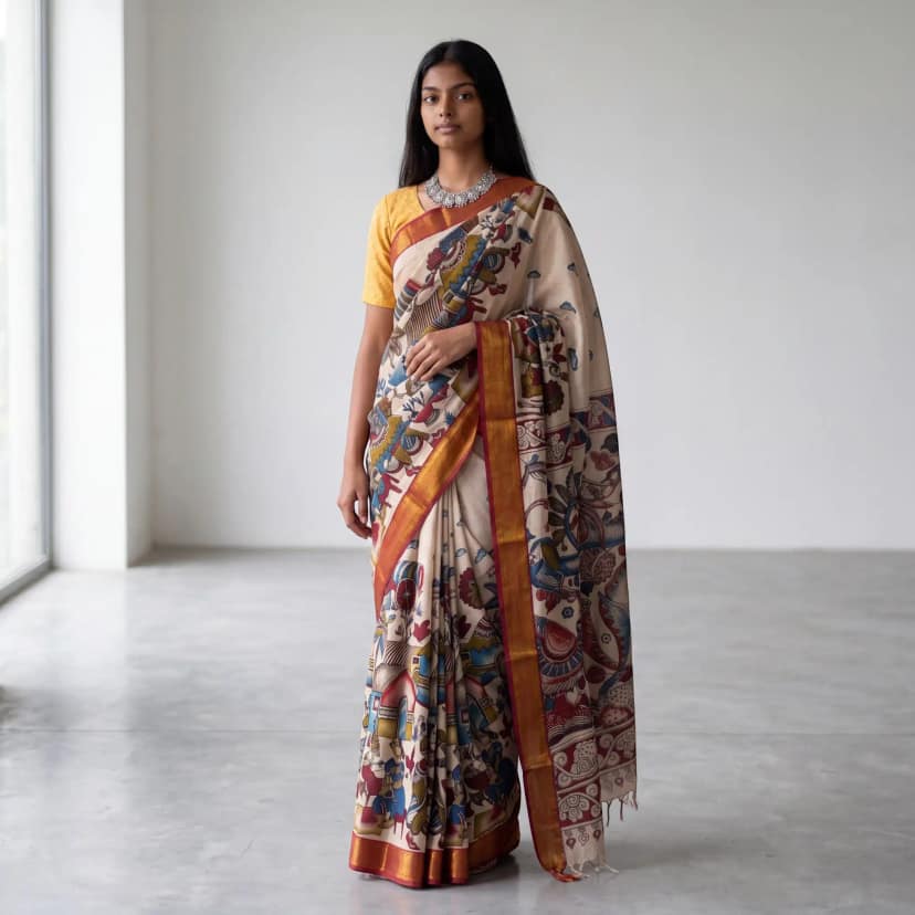 Pedana Kalamkari Print Saree Cream Floral Motifs view 2