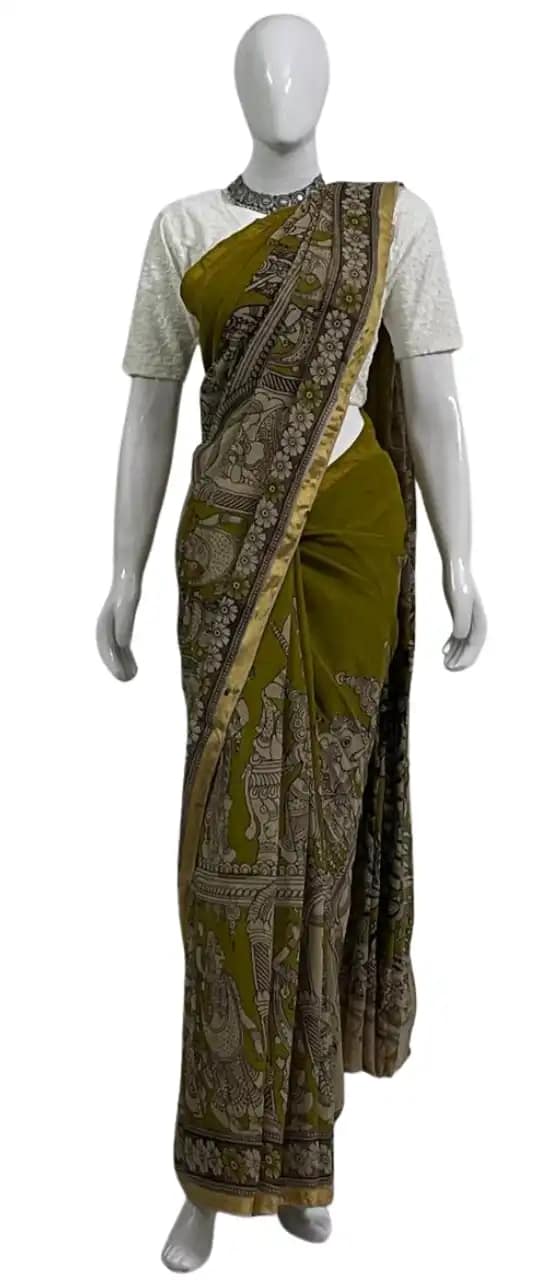 Kalamkari Cotton Saree Mehendi Green Temple Dancer Pallu