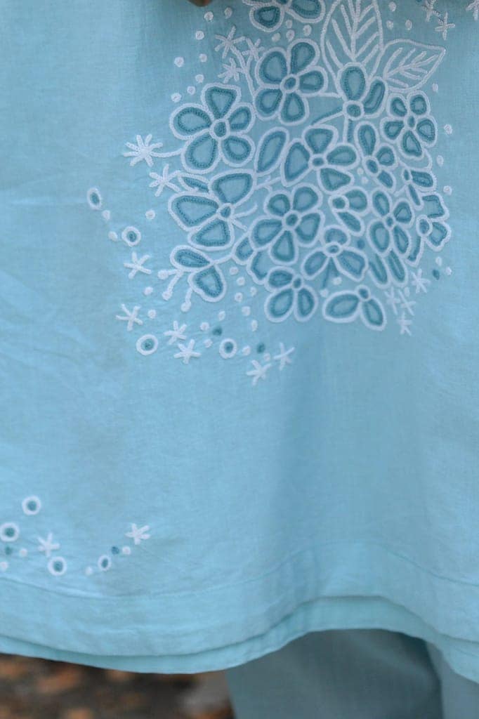 Nargis Blue Kashmiri Crewel Hand Embroidered Cotton Angrakha Kurta view 3