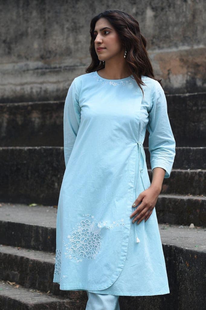 Nargis Blue Kashmiri Crewel Hand Embroidered Cotton Angrakha Kurta view 4