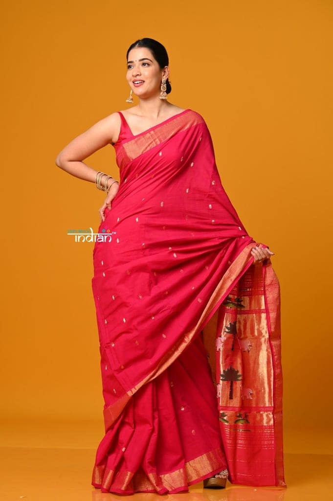 Param Sundari ~ Handloom Pure Cotton Paithani Saree with Exclusive Pichwai Pallu in Rani Pink