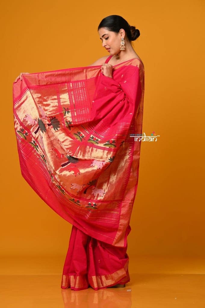 Param Sundari ~ Handloom Pure Cotton Paithani Saree with Exclusive Pichwai Pallu in Rani Pink view 3