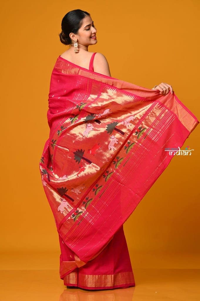 Param Sundari ~ Handloom Pure Cotton Paithani Saree with Exclusive Pichwai Pallu in Rani Pink view 4