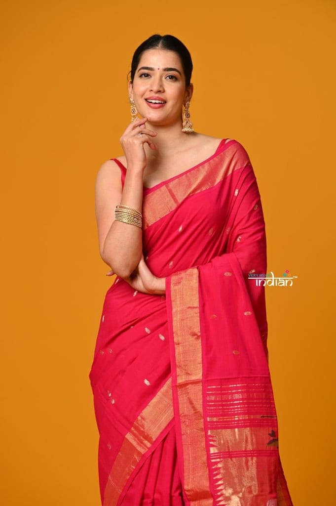 Param Sundari ~ Handloom Pure Cotton Paithani Saree with Exclusive Pichwai Pallu in Rani Pink view 5