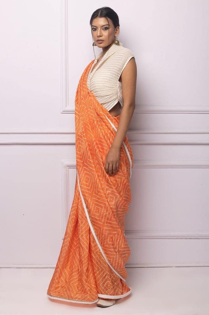Orange Batik Printed Silk Saree view 2
