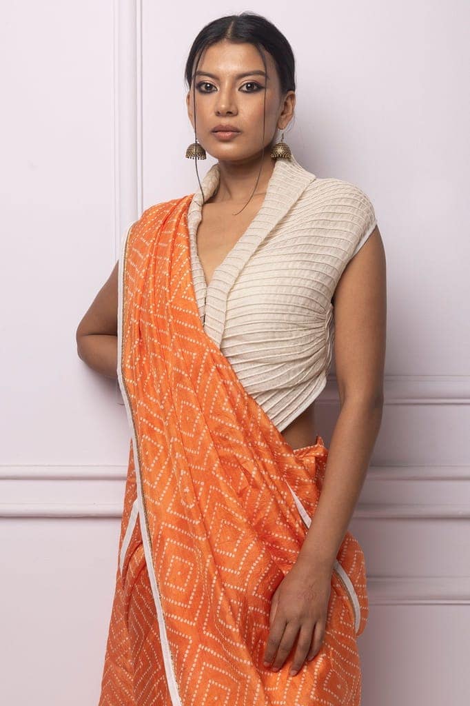 Orange Batik Printed Silk Saree view 4
