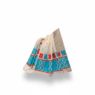 Traditional Off-White Saree with Red & Blue Motifs