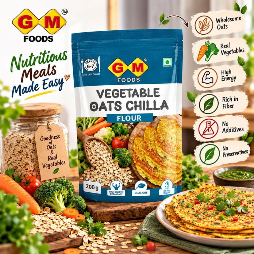 GM Foods Vegetable Oats Chilla Flour 200 Grams (Pack of 4) | Nutritious & High Protein Instant Breakfast | Multigrain Cheela Powder | Ready in 3 Easy Steps | Fibre Rich Meal for Kids & Adults view 4