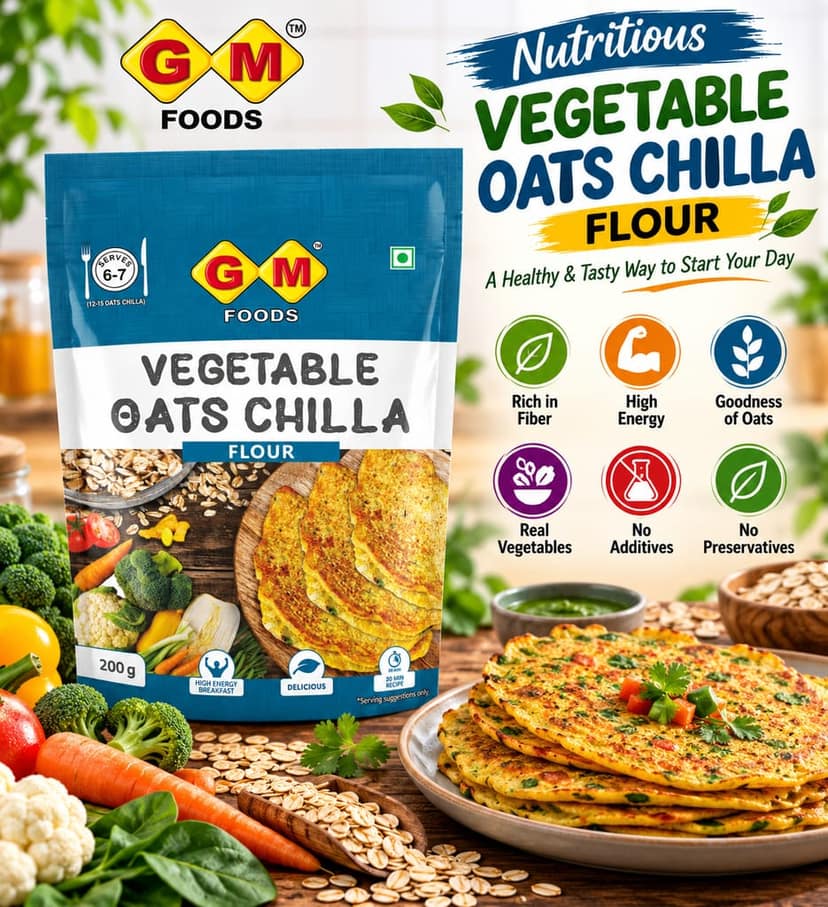 GM Foods Vegetable Oats Chilla Flour 200 Grams (Pack of 4) | Nutritious & High Protein Instant Breakfast | Multigrain Cheela Powder | Ready in 3 Easy Steps | Fibre Rich Meal for Kids & Adults view 5