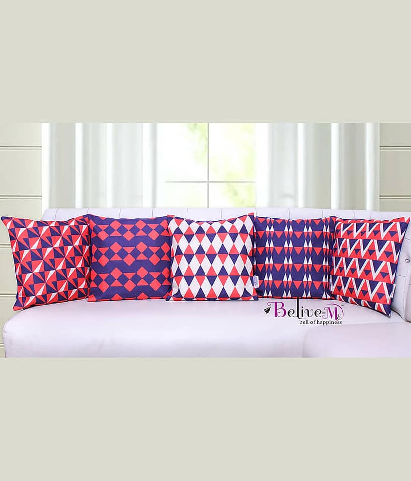Belive-Me Set of 5 Multicolor Jute Print Cushion Covers Geometric Themed 40X40 cm (16X16 inch)