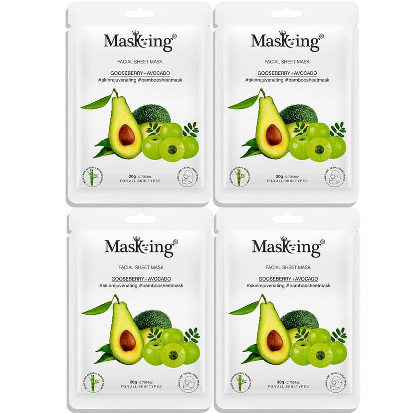 MasKing Bamboo Facial Sheet Mask of Gooseberry & Avocado for Skin Rejuvenating Ideal for Women & Men, 20ml each (Pack of 4)