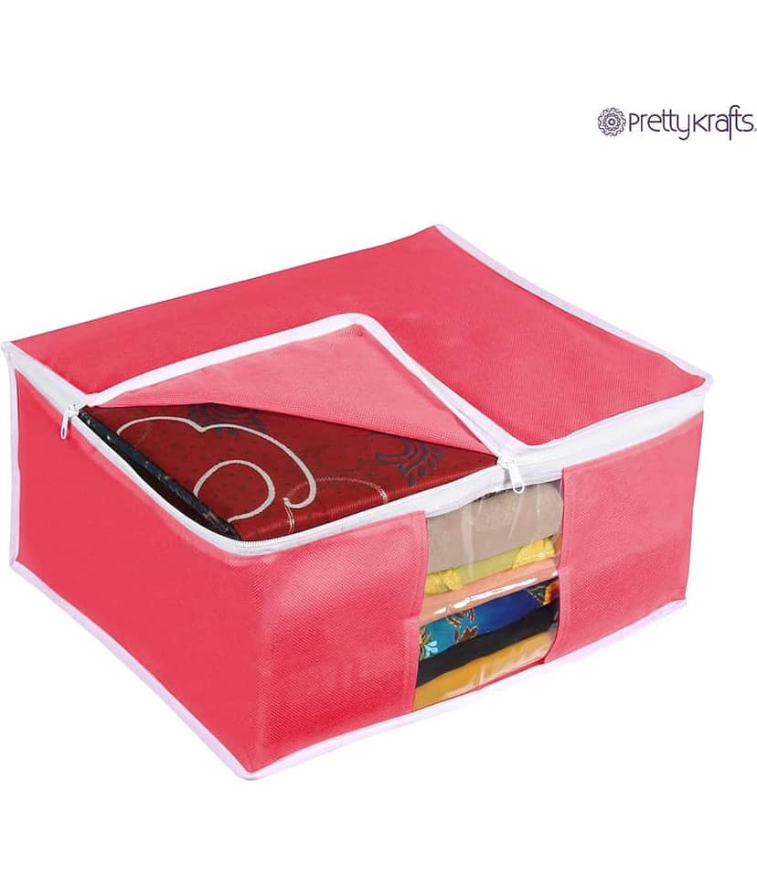 PrettyKrafts Presents Blue Saree Cover Storage Bags for Clothes Combo Offer Saree Organizer for Wardrobe/Organizers for Clothes/Organizers for Wardrobe Pack of 3 -Red view 2