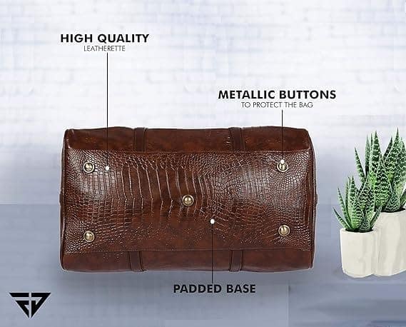 Fur Jaden Brown Textured Leatherette Stylish & Spacious Weekender Duffle Bag for Travel for Men and Women view 3