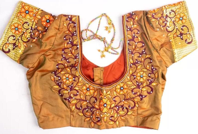 Women's Mustard Yellow Floral Embroidered Cotton Silk Saree Blouse view 2