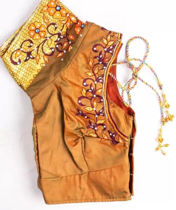 Women's Mustard Yellow Floral Embroidered Cotton Silk Saree Blouse view 3