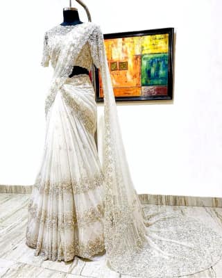 White Net Lehenga Saree with Blouse by SHIV TEXTILES