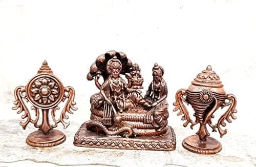 Searchers Paradise - Copper Idols ,2.3 inches, Copper Handmade Vishnu with Mahalakshmi Lying in Adisesha 320 Grams, Patina Antique Finish, Pack of 1 Piece