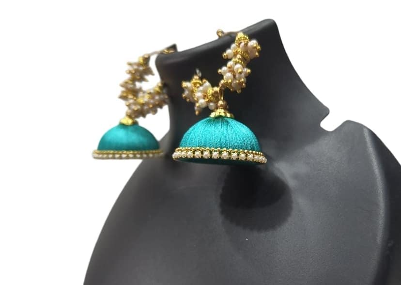 "Stunning Aqua Blue Silk Thread Jhumka Earrings with Pearl Beads for Women" view 2