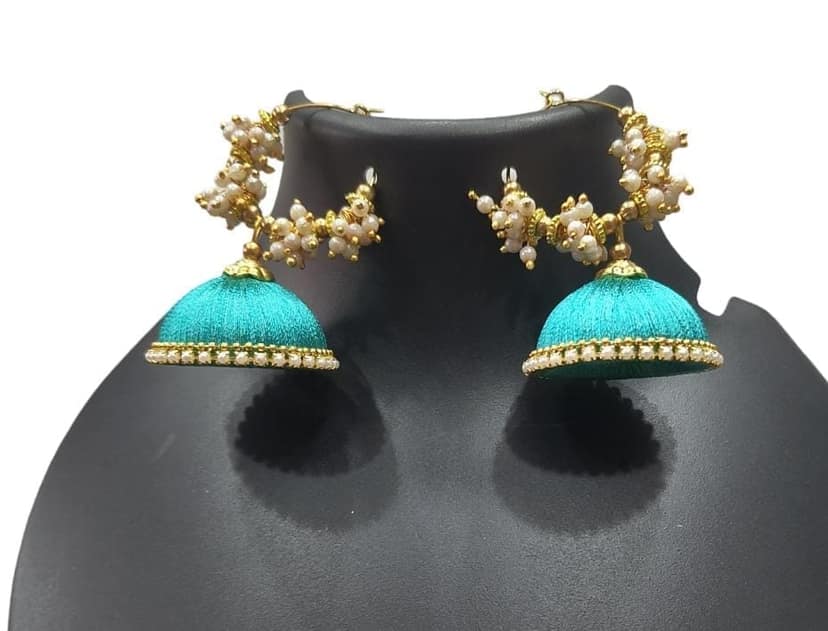 "Stunning Aqua Blue Silk Thread Jhumka Earrings with Pearl Beads for Women" view 3