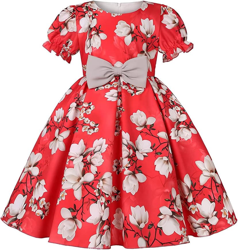 Buy & Try Girl's Satin Floral Printed Frock Short Knee Length Short Sleeve Dora Frocks Dress.