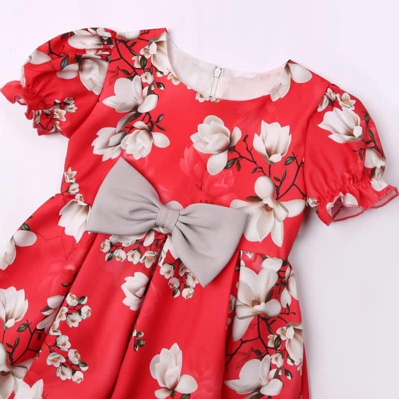 Buy & Try Girl's Satin Floral Printed Frock Short Knee Length Short Sleeve Dora Frocks Dress. view 3