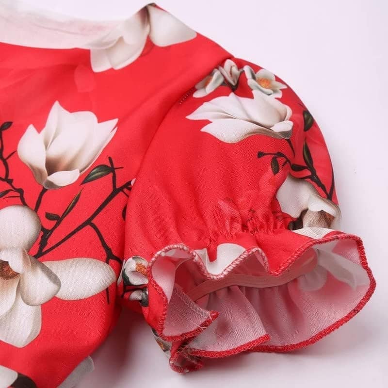 Buy & Try Girl's Satin Floral Printed Frock Short Knee Length Short Sleeve Dora Frocks Dress. view 5