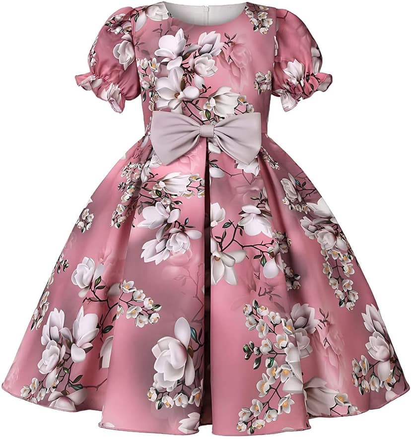 Buy & Try Girl's Satin Floral Printed Frock Short Knee Length Short Sleeve Dora Frocks Dress. view 7