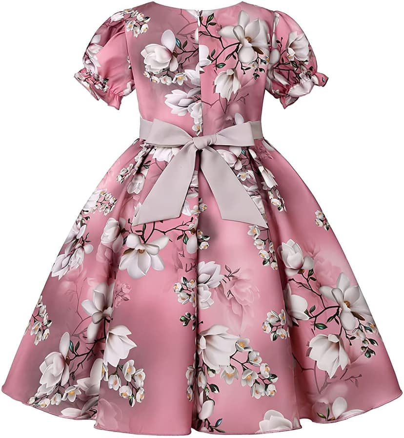 Buy & Try Girl's Satin Floral Printed Frock Short Knee Length Short Sleeve Dora Frocks Dress. view 8