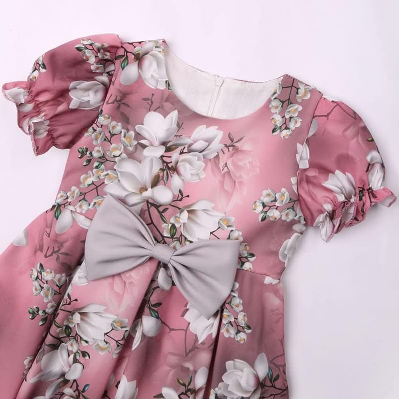 Buy & Try Girl's Satin Floral Printed Frock Short Knee Length Short Sleeve Dora Frocks Dress. view 9