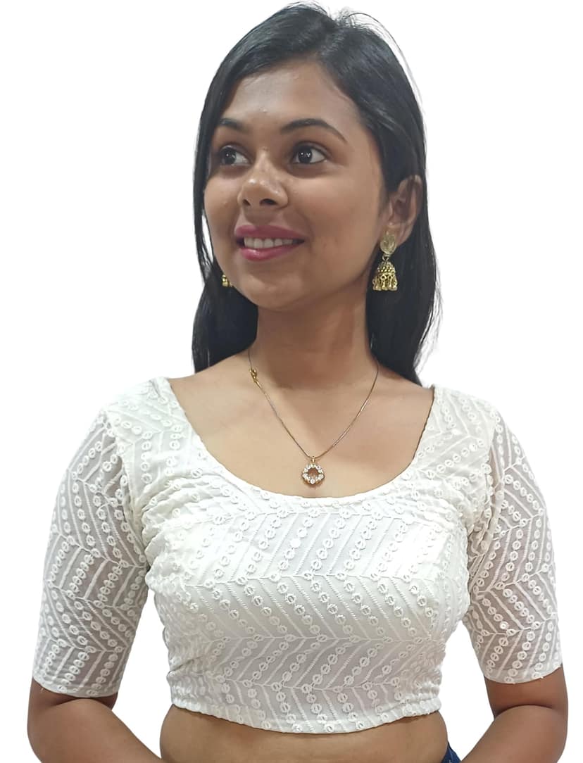 Elegant Off-White Chikankari Hand-Embroidered Cropped Blouse