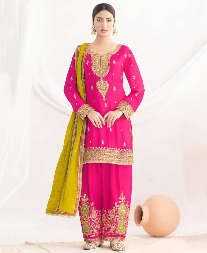 Latest Pink Farshi Suit Set for Women with Contrast Dupatta Ethnic Wear