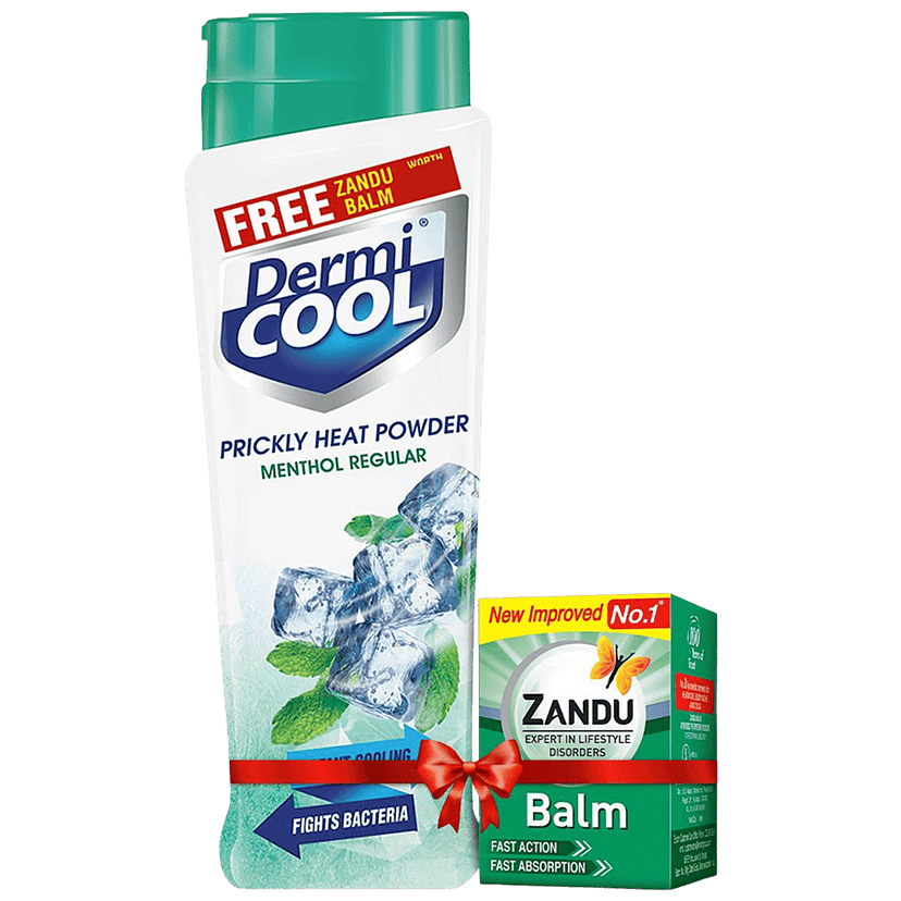 Dermi Cool Prickly Heat Powder Menthol Regular, 150G (Get Zandu Balm Free)