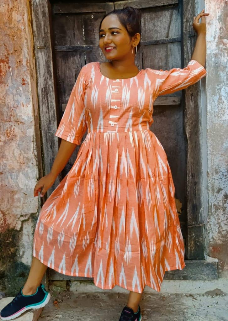 Pure Cotton Ikkat Dress Orange Colour (Size XXS(32) to Plus Size(56))-2042 view 2