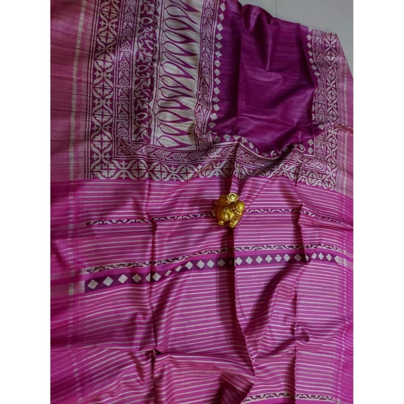 Silkmark Certified Tussar Silk Handloom Handblock Printed Pink Saree with Blouse-6308