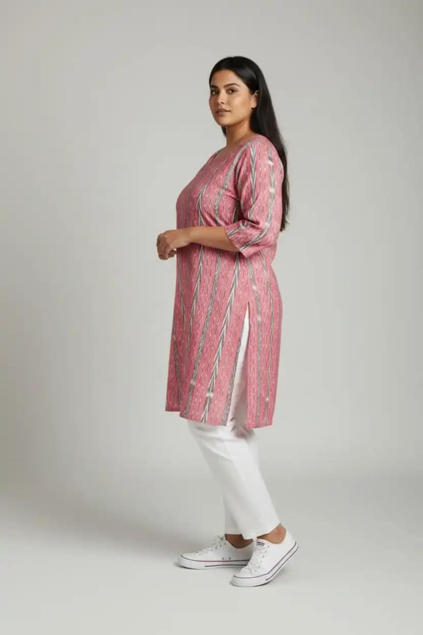 Handloom Sambalpuri Cotton Kurti in Pink with Bandhakala Tie-Dye view 4