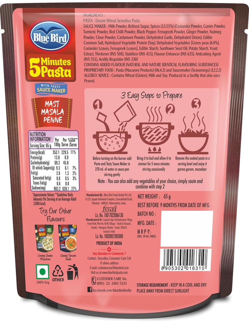 Blue Bird 5 Minutes Pasta Mast Masala Penne, 65 gm view 2