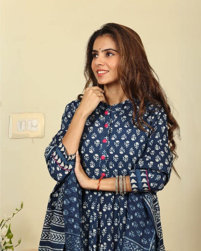 Anarakali Kurti Set Blue Color Bagru Handblock print with Mulmul Dupatta-2403 view 3
