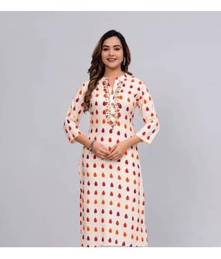MAUKA Rayon Printed Straight Women's Kurti - Beige ( Pack of 1 )
