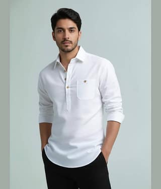BHUVIKOO Cotton Blend Plain Shirt Style Kurta For Men ( Grey )