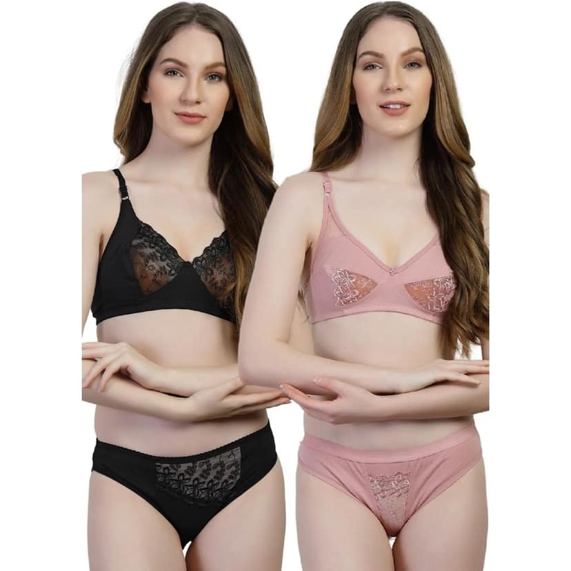 adornstar Women Cotton Lingerie Set with Solid Color Design | Non Wired and Non Padded Bra with Full Coverage Hipster Panty Set | Stylish and Soft Stretchable Fabric (Pack of 2)